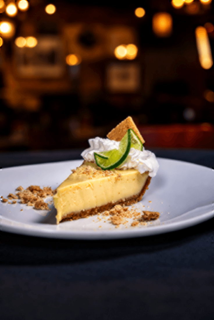 Slice of key lime pie topped with whipped cream, a lime wheel and graham crumbs