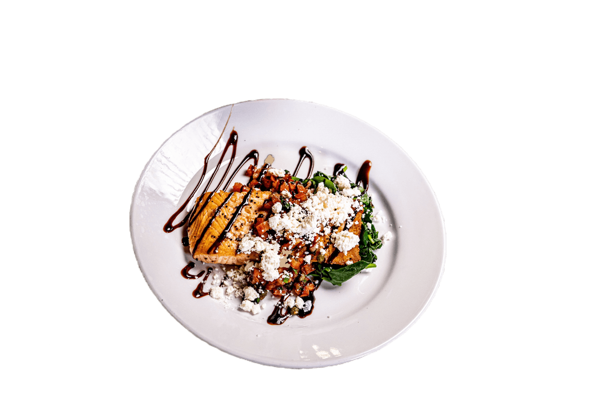Norwegian salmon plated with feta, tomato salsa and balsamic drizzle